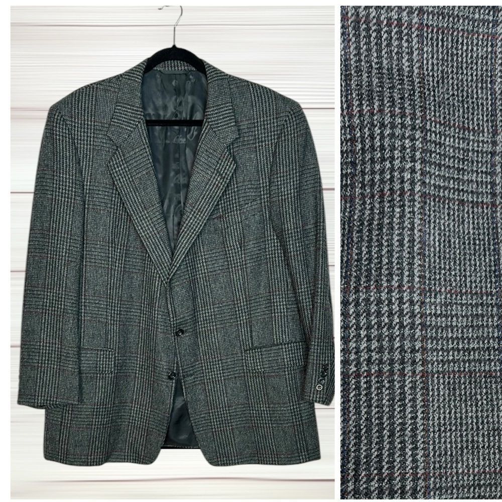 Vintage Hickey Freeman Wool Sport Coat Gray Houndstooth Glen Check size 48 L